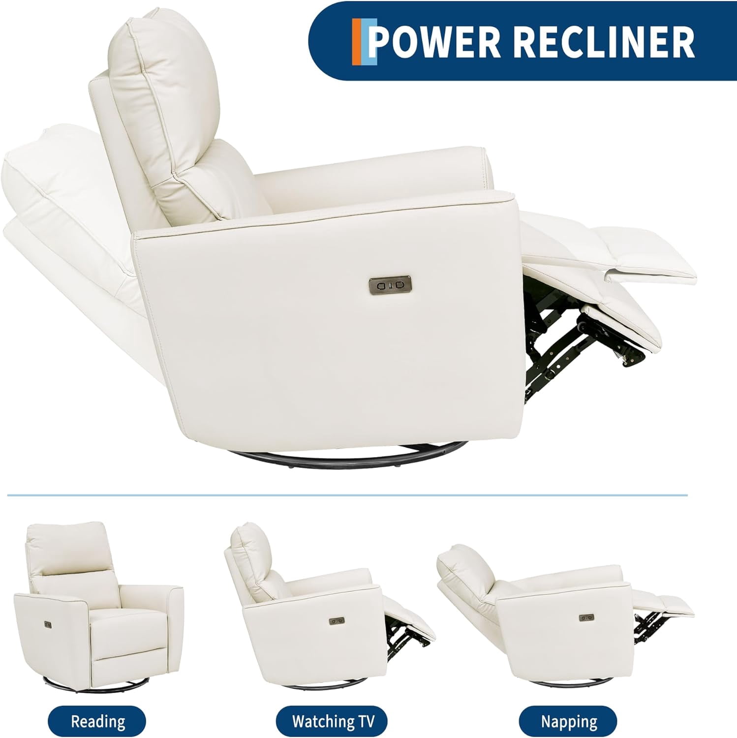 Power Recliner Chair 270° Swivel Rocking Glider with USB Port PU Leather Upholstered Nursery Chair with Adjustable Backrest for Living Room Office Home Theater and Nursery