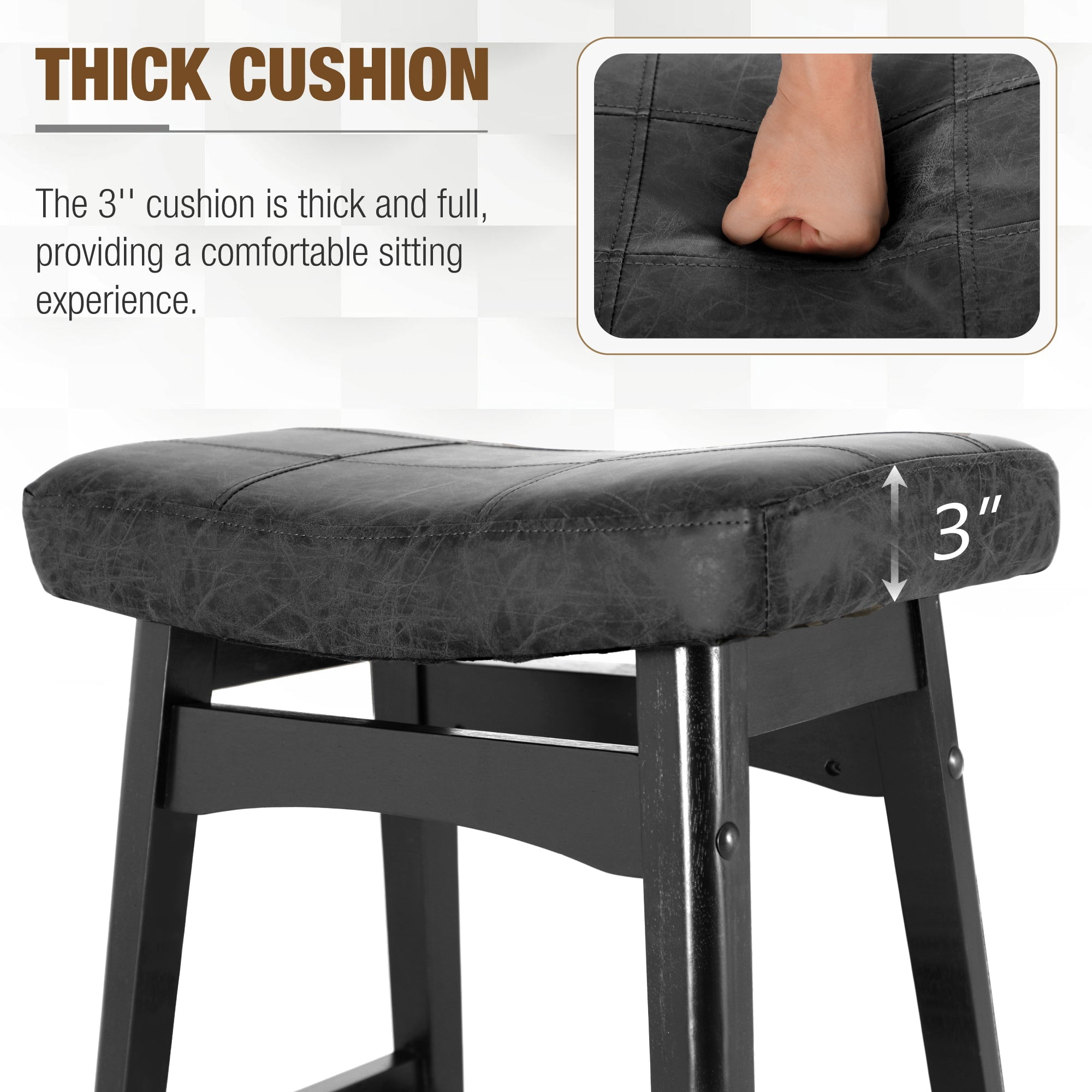 Summit Living 24 inch Wooden Saddle Counter Stool Set of 2 for Kitchen, Faux Leather Backless Bar Stool, Black