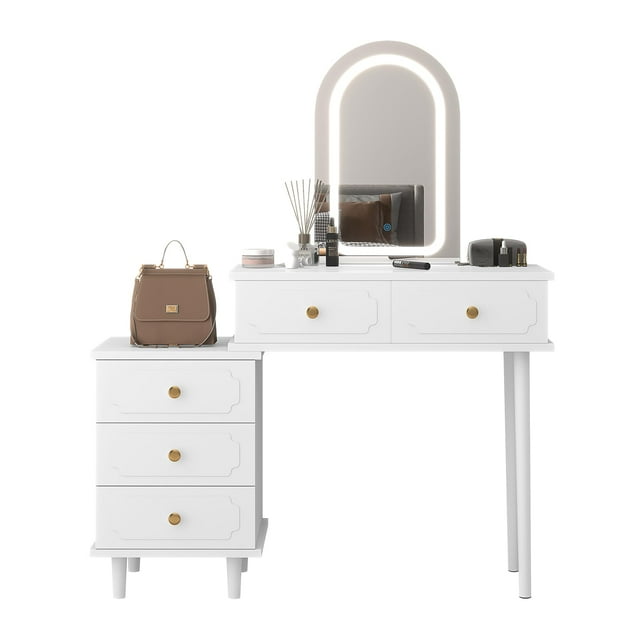 Kojooin Coiffeuse avec Miroir et Lumières, Table de Maquillage Moderne Noire avec 2 Tiroirs et Armoire Réglable