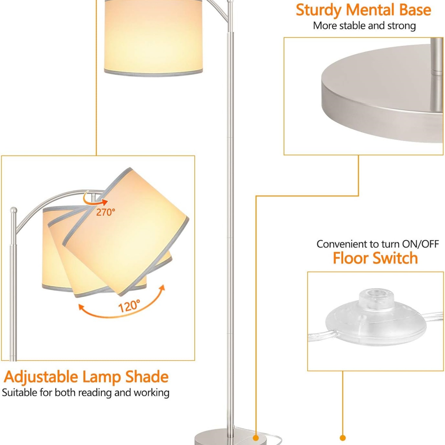 Floor Lamp for Living Room with 3 Color Temperatures LED Bulb, Standing Lamp Tall Floor Lamp Reading for Bedroom, Office (9W LED Bulb, White Lampshade Included) -Silver