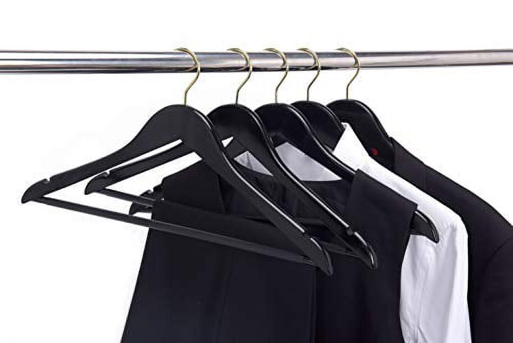 Quality Black Wooden Hangers - Slightly Curved Hanger Set of 30-Pack - Solid Wood Coat Hangers with Stylish Chrome Hooks - Heavy-Duty Clothes, Jacket, Shirt, Pants, Suit Hangers (Black-Gold Hook, 30)