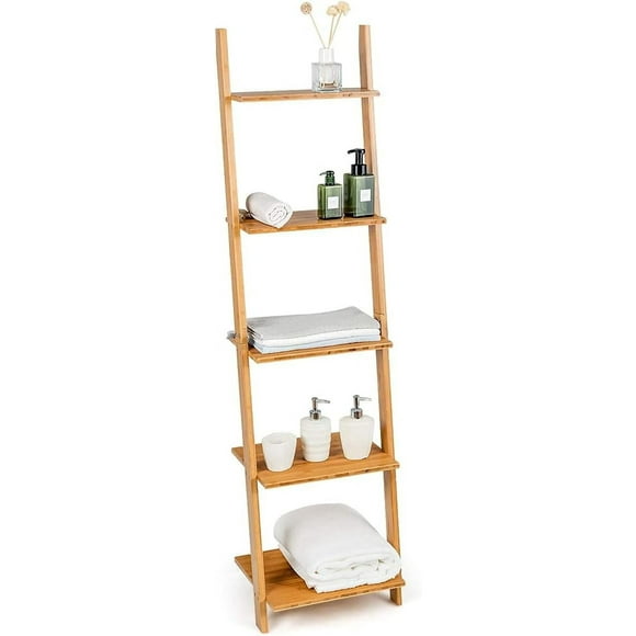 BETTARY 5-Tier Ladder Bookshelf, Bamboo Storage Rack Shelves, Bookcase, Wall-Leaning Shelf, Ladder-Style Blanket Rack, Plant Flower Stand, Display Shelves for Living Room, Multifunctional