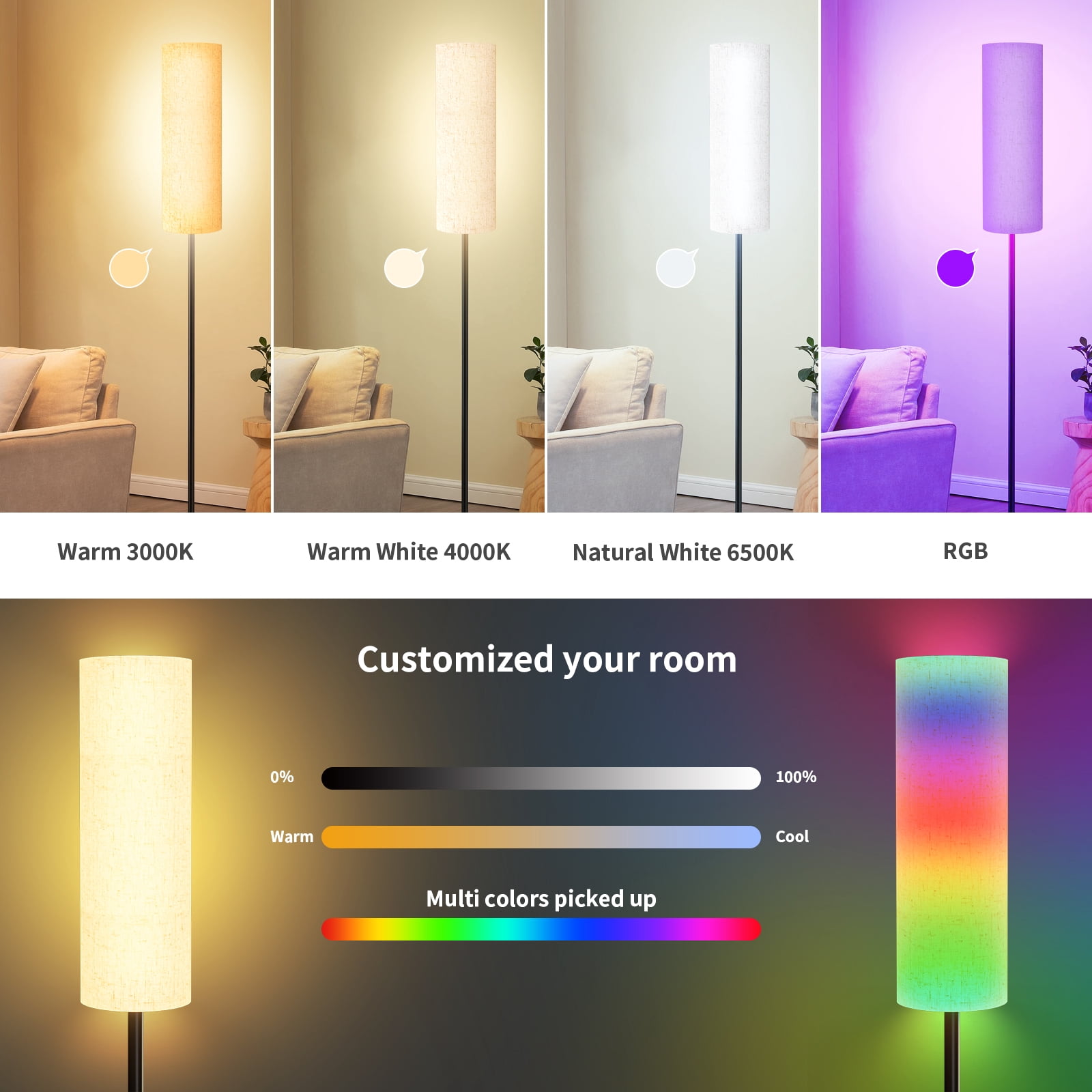 67" Floor Lamp with Smart RGB Bulb, with 16 Million DIY Colors & 20 Mode Music Sync, Timer Setting APP or Remote Control, 9W 800 Lumen Standing Lamp for Living Room Bedroom, Beige