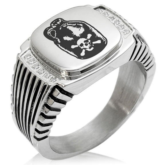 Stainless Steel Pirate Skull Crossbones Rum CZ Ribbed Needle Stripe Pattern Biker Style Polished Ring
