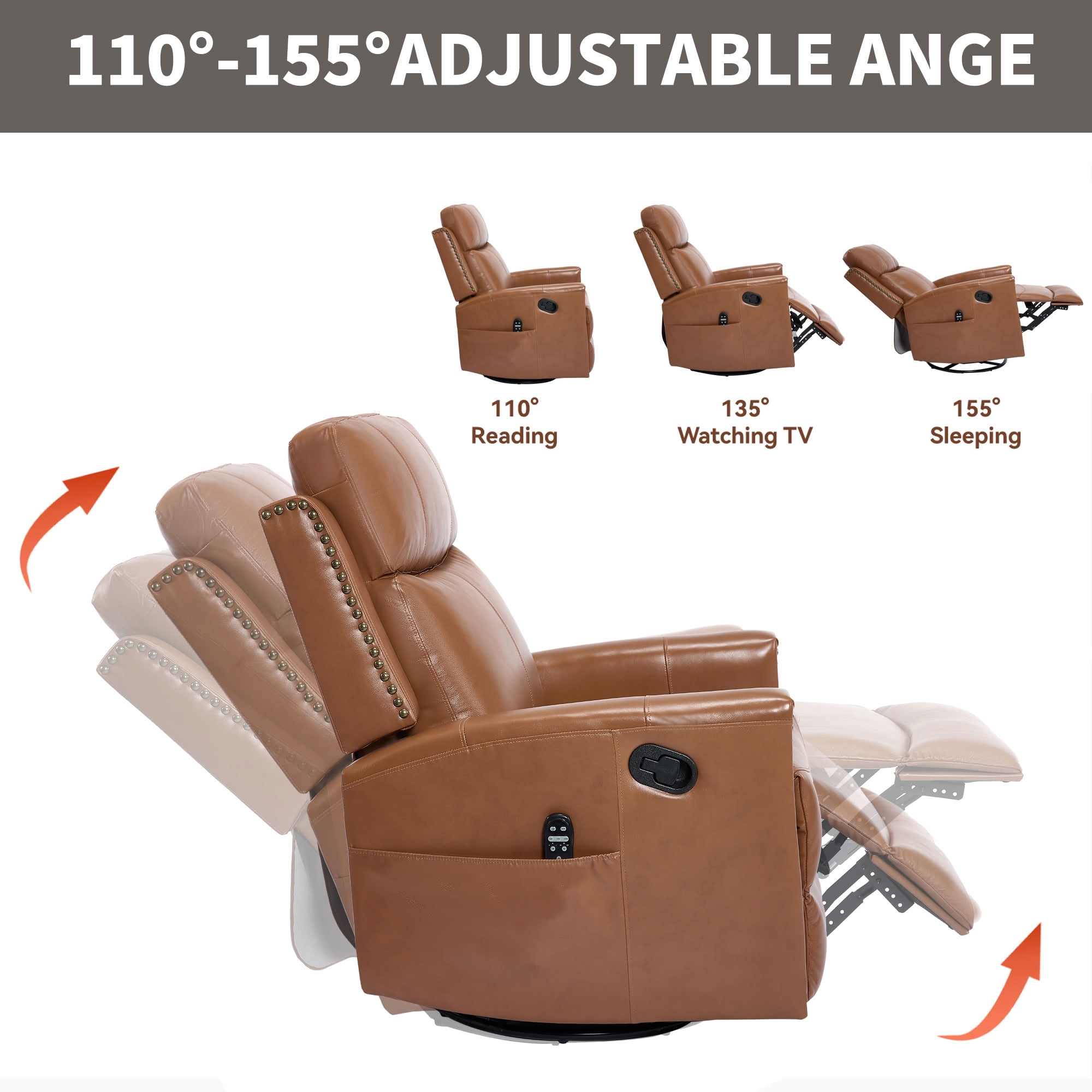 MAYEERTY Genuine Leather Swivel Recliner Chair, Manual Rocker Lounge Chair with 8-Point Massage & Lumbar Heat, for Living Room Home Theater