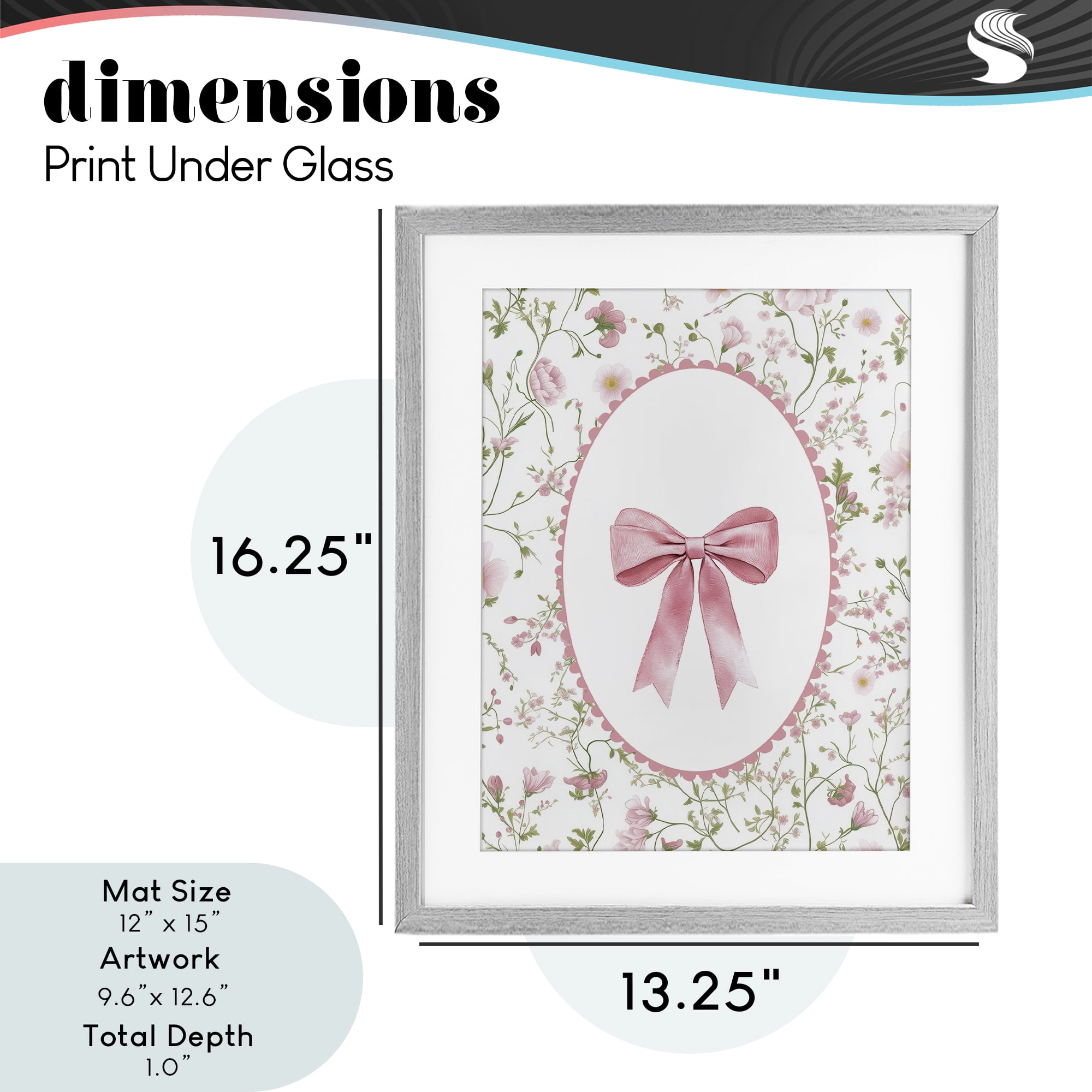 Delicate Florals & Bow Gray Framed Print Under Glass, design by Christine Simpson Art