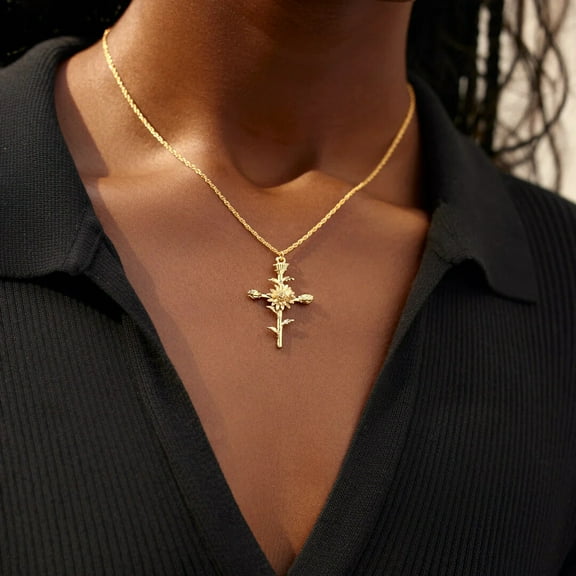 Lordgold Fashion 14k Yellow Gold Sunflower Necklace Wedding Jewelry Cross Flower Pendant Necklaces for Women Engagement Anniversary Gift