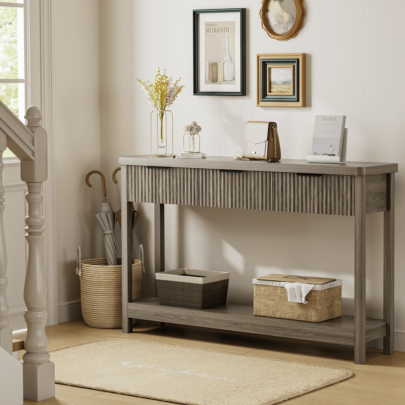 Laintene Console Table for Entryway, 51" Fluted Sofa Table with 3 Drawers and Open Shelf, Modern Narrow Display Shelf for Hallway Living Room, Gray Oak Set of 2
