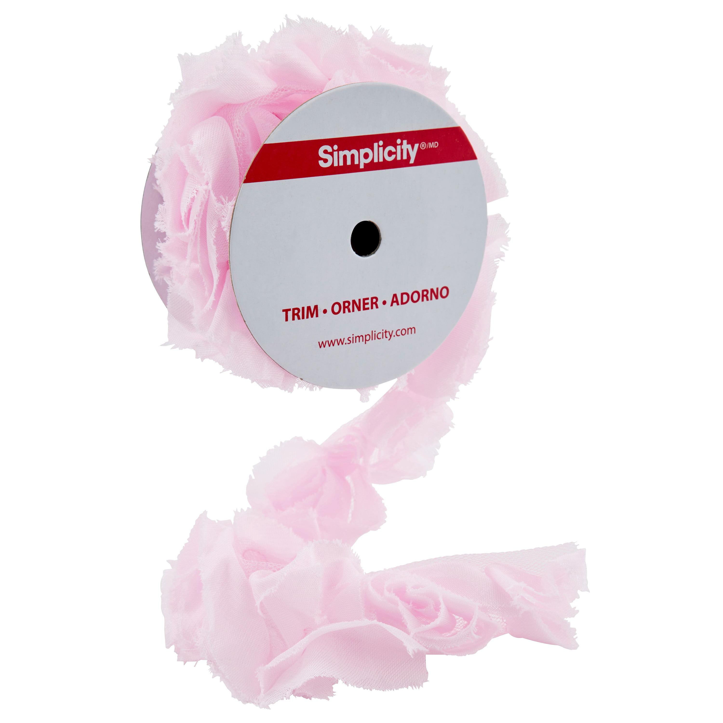 Simplicity Trim, Pink 2 inch Large Ribbon Rose Trim Great for Apparel, Home Decorating, and Crafts, 1 Yard, 1 Each