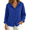 thumbnail image 2 of QIYAGBSA Corduroy Jacket for Women Soft Turn Down Lapel Collar Button Down Long Sleeve Fall Casual Outerwear Drop Shoulder with Patch Pockets (Blue, S), 2 of 6