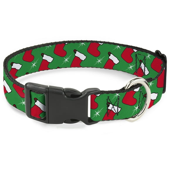 Buckle-Down Pet Collar, Dog Collar Plastic Buckle, Holiday Christmas Stocking and Star Green Whitered, 7 to 8.5 Inches 0.5 Inch Wide