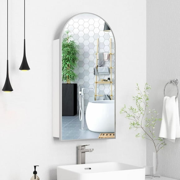 Arched Medicine Cabinets with Mirror, Silver Metal Framed Mirrored Medicine Cabinet, Wall Surface Mounted, Rustic Bathroom Vanity Mirror with 3 Adjustable Storage Shelves, Not Recessed, 16x31 Inch