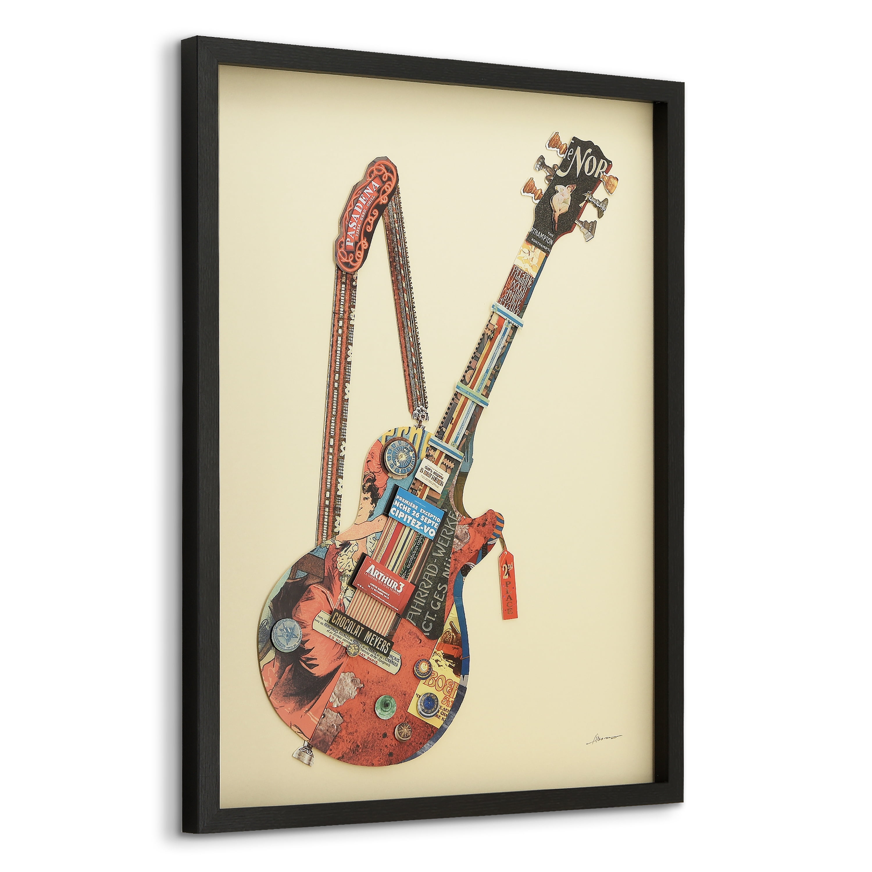 "Electric Guitar" Dimensional Collage Framed Graphic Art Under Glass Wall Art