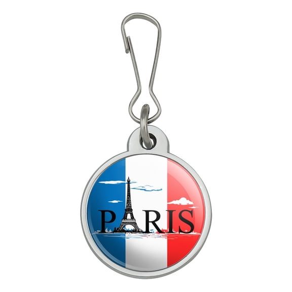 Paris France Eiffel Tower and Flag with Clouds Jacket Handbag Purse Luggage Backpack Zipper Pull Charm