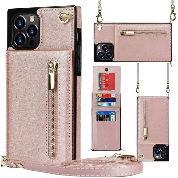 Pink Leather Phone Case with Card Slots Zipper Wallet Stand & Adjustable Shoulder Strap, Shockproof Soft Case for iPhone 12 Mini