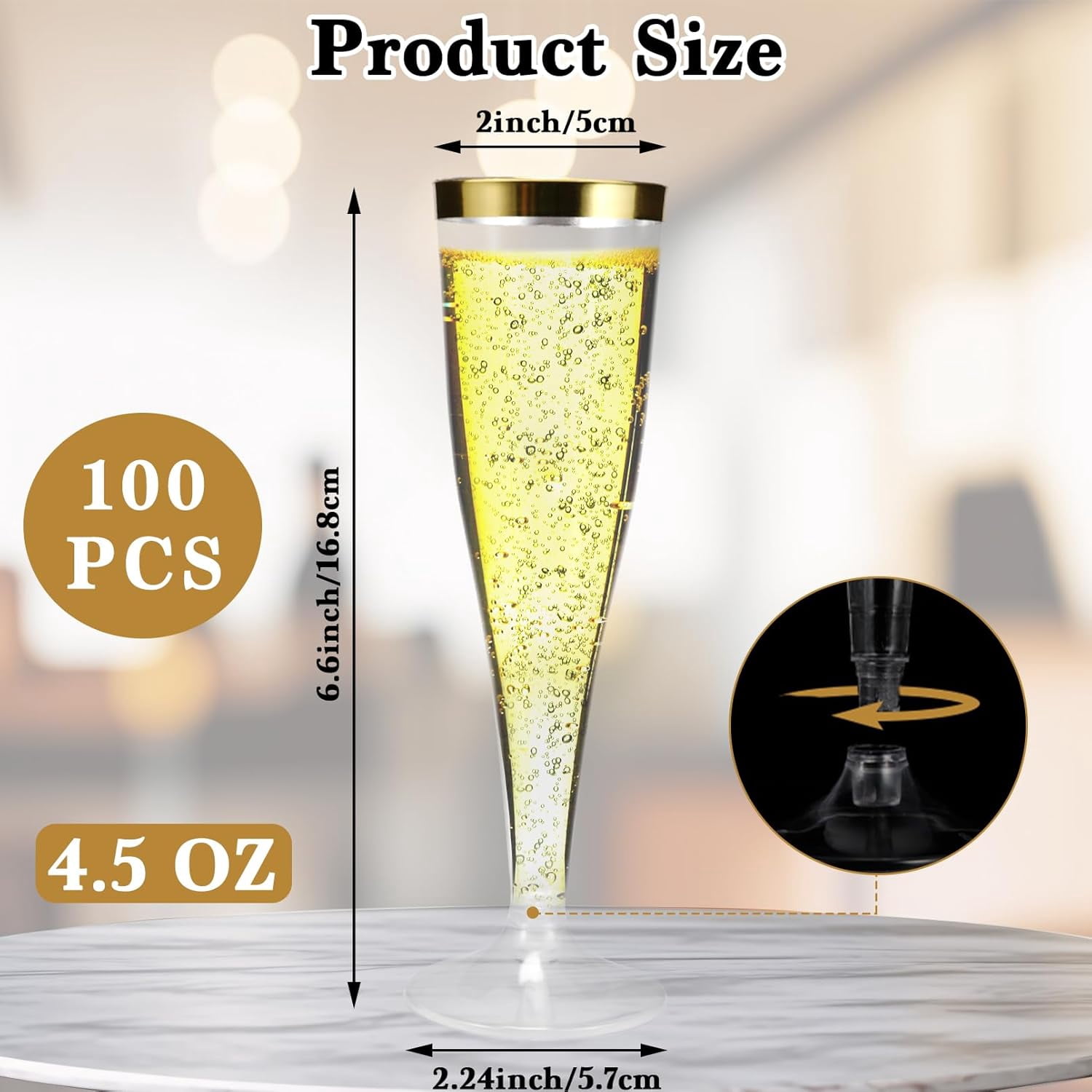 100 Pack Plastic Champagne Flutes,4.5 oz Gold Rim Plastic Champagne Glasses,Clear Disposable Champagne Flute,Disposable Toasting Glasses for Parties, Weddings