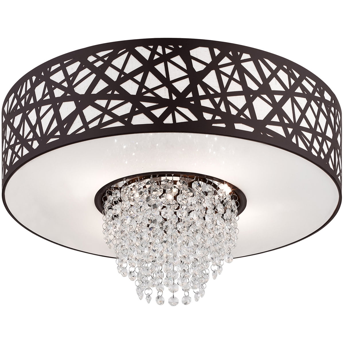 4 Light Bronze Ceiling Light fixture with Oatmeal Color Fabric Hardback Inside & Clear Crystals Shade