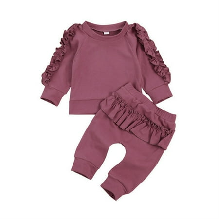 

Journey 2-Piece Set Kid Girl s Ruffle Pajamas Crew Neck Sweatshirt & Pants Solid Color(Pink 100cm)