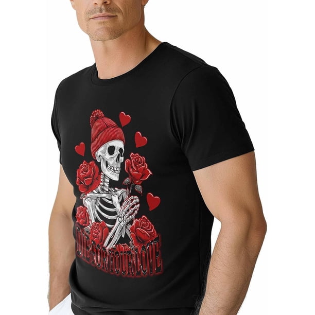 Camisetas para hombre, camiseta de algodón con cuello redondo, calavera, rosa, flor y corazón, manga corta, para San Valentín
