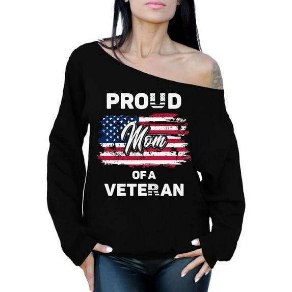Awkward Styles Proud Mom of a Veteran Off Shoulder Sweatshirt Gifts for Mom Retro Flag Mom Off Shoulder Sweater Proud Mom Patriotic USA Sweater for Mom 4th of July Gifts Veteran Mom Sweatshirt