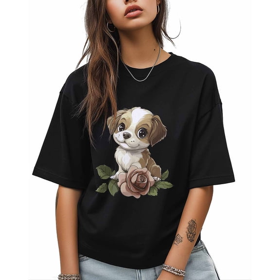 T Shirts for Women Short Sleeve Cotton Crewneck T-Shirt, Cartoon Animal Dog Rose Tee Tops Casual Basic T-Shirts, XS-5XL Black 5XL