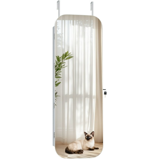 KFFKFF Mirror Jewelry Cabinet, 42.5-inch Tall, Full-Length Mirror with Storage, Wall Mount/Over the Door Jewelry Armoire Organizer, Rounded Design, White