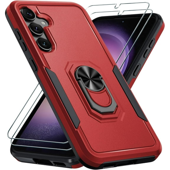 for Samsung Galaxy S23 FE Case with 2 Pcs Screen Protector,Heavy Duty Shockproof Full Body Phone Cover Built in Rotatable Metal Ring Holder Kickstand,2023 Red