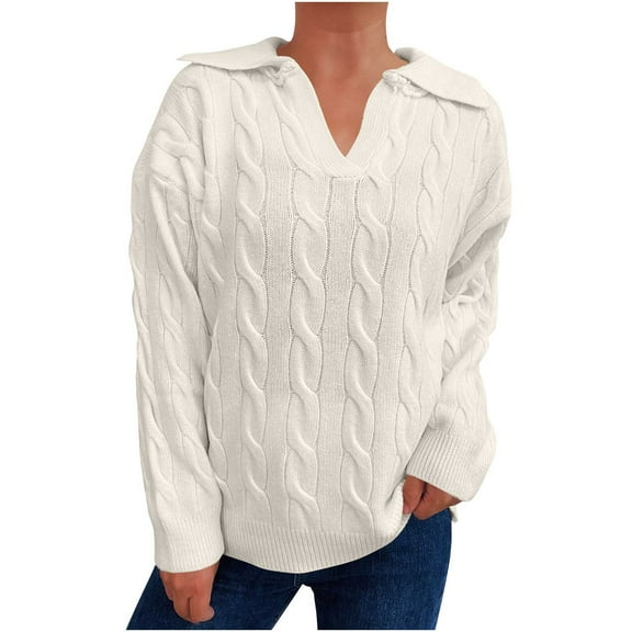 Tnhcen Women's Cable Knit Sweater Soft Polyester V-Neck Top Turn-Down Collar Button Detail Casual Long Sleeve Pullover Comfortable Stretch Fit S-L