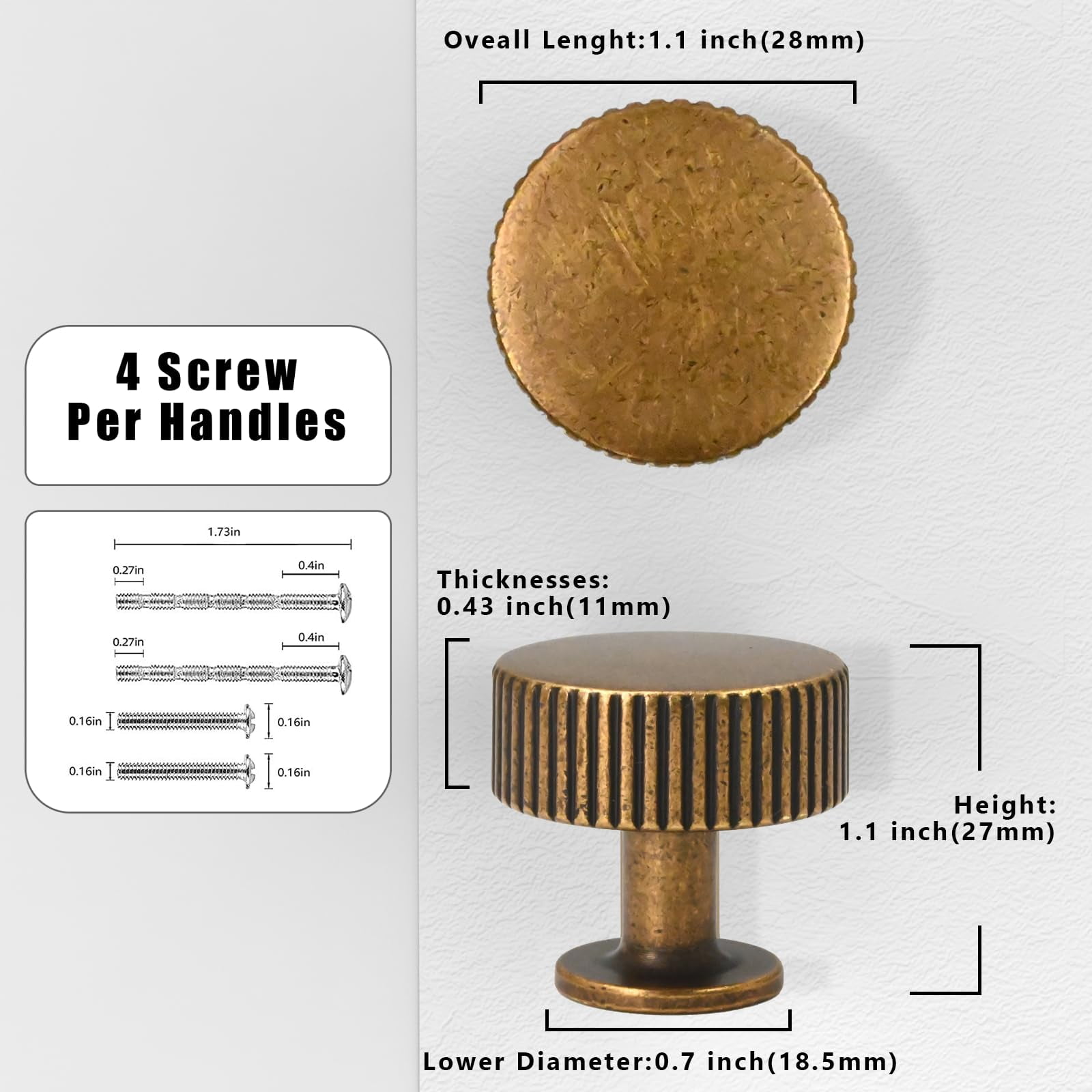 10 Pack Antique Brass Cabinet Knobs 1-1/10 Inch(28mm) Single Hole Cabinet Pulls Round Kitchen Cabinet Knobs Drawer Knobs