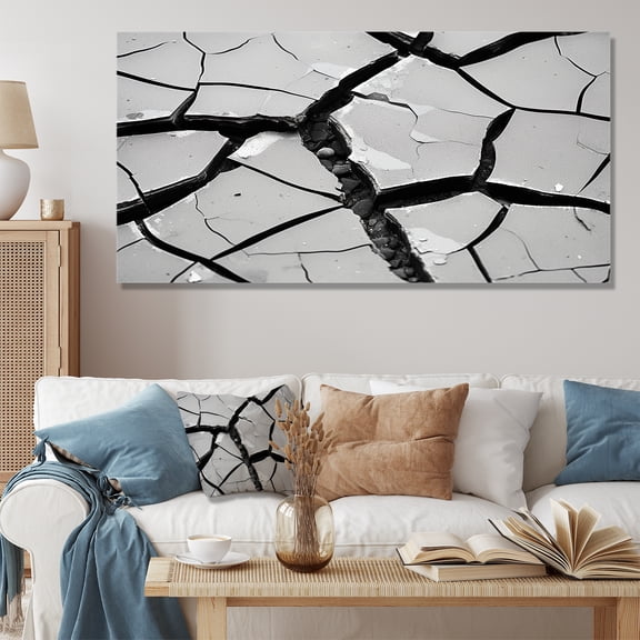 Designart "Soothing Cracks in Black and White" Oversized Abstract Wall Art - Modern Grey Abstract Collages Hallway Wall Art Decor