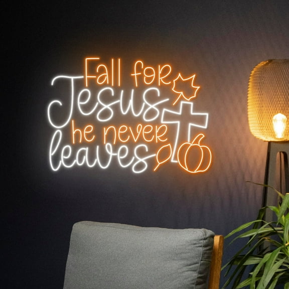 Handmadetneonsign Fall For Jesus He Never Leaves Neon Sign, Thanksgiving LED Light, Jesus Cross