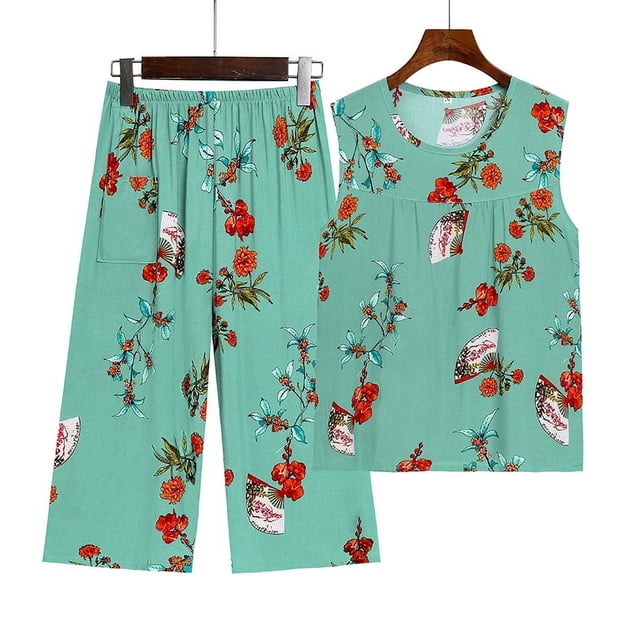 Chaleco sin mangas de seda de algodón de verano para mujeres de mediana edad y mayores, pantalones cortos, pijama, conjunto de dos piezas, conjunto de ropa de hogar de algodón artificial para madres