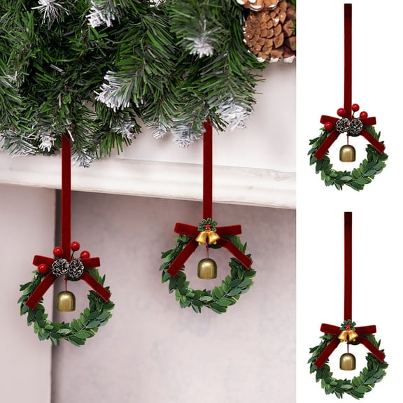Fwttom Mini Christmas Wreaths, Christmas Decorations Mini Wreaths with Vines Small Bells Pines Cones Bow, Small Wreaths for Kitchen Cabinets, Windows, Xmas Tree