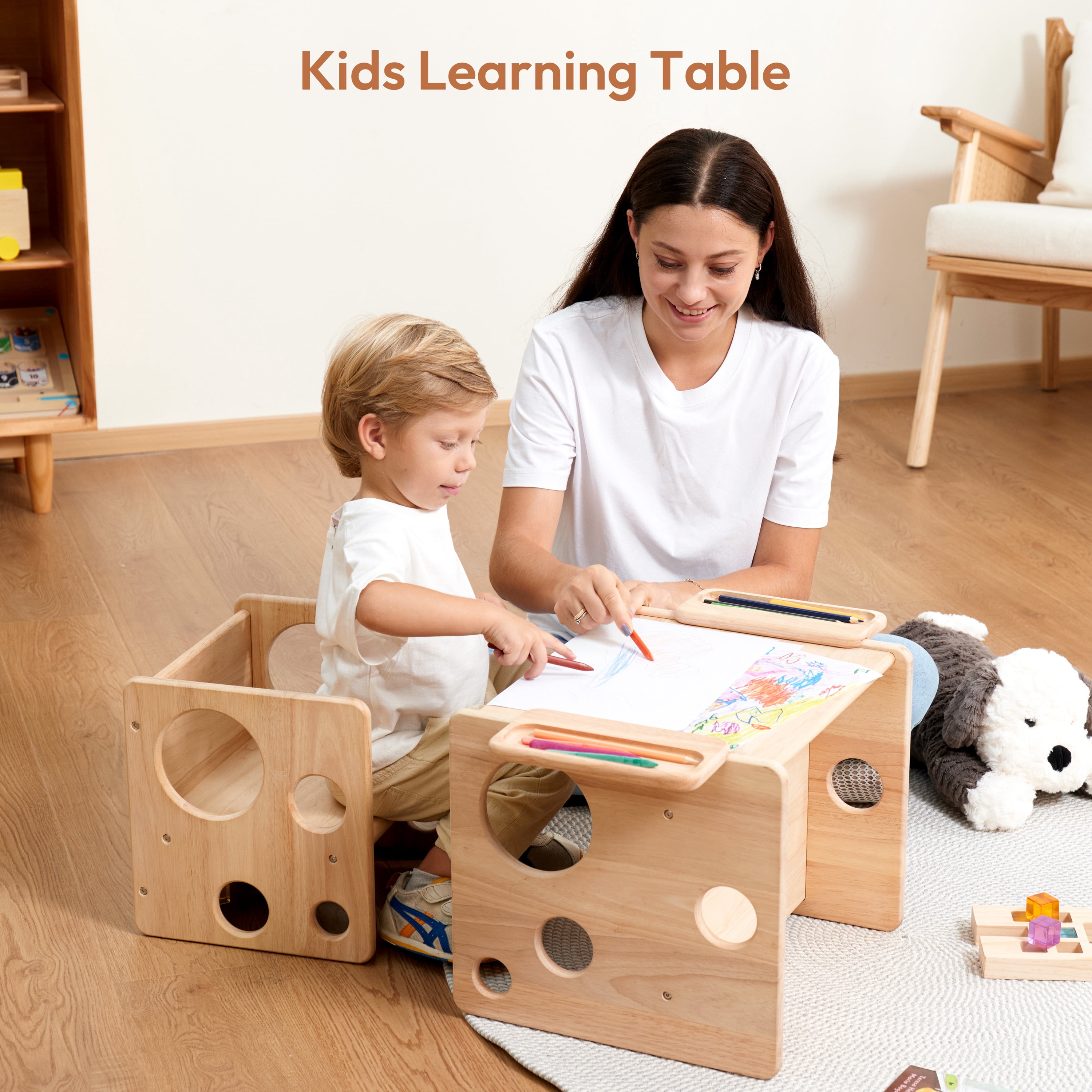 Woodtoe Kids Table and Chair Set, Montessori Weaning Table and Chair Set for Toddler, Natural Solid Wooden Activity Table Cube Chair for Drawing Reading, Montessori Playroom Furniture for Children