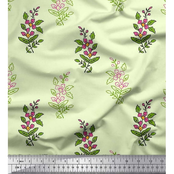 Soimoi Poly Georgette Fabric Leaves & Floral Block Print Fabric by Yard 52 Inch Wide
