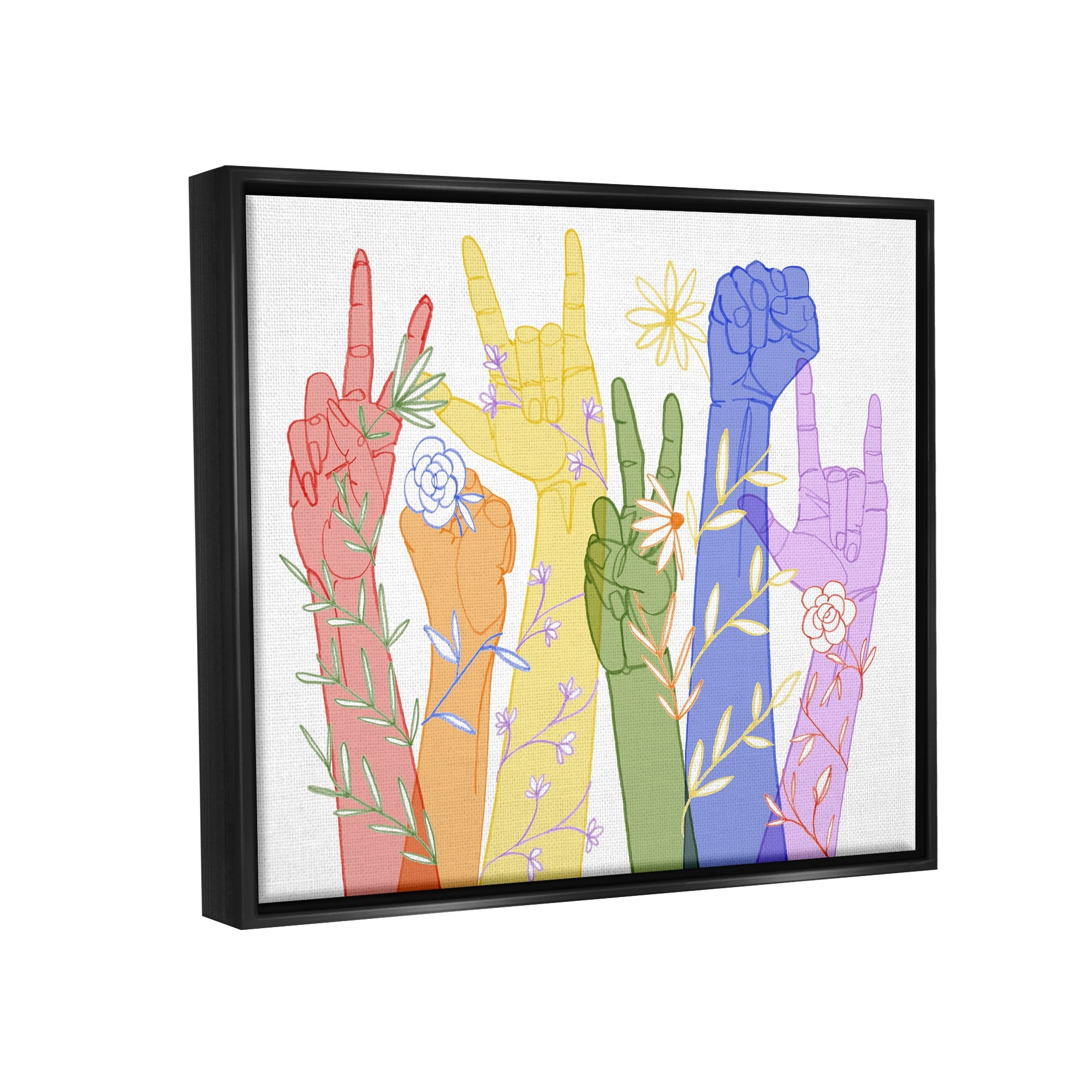 Stupell Industries Rainbow Peace Love Caring Hand Signs ASL Metallic Gold Framed Floating Canvas Wall Art, 24x30, by Grace Popp
