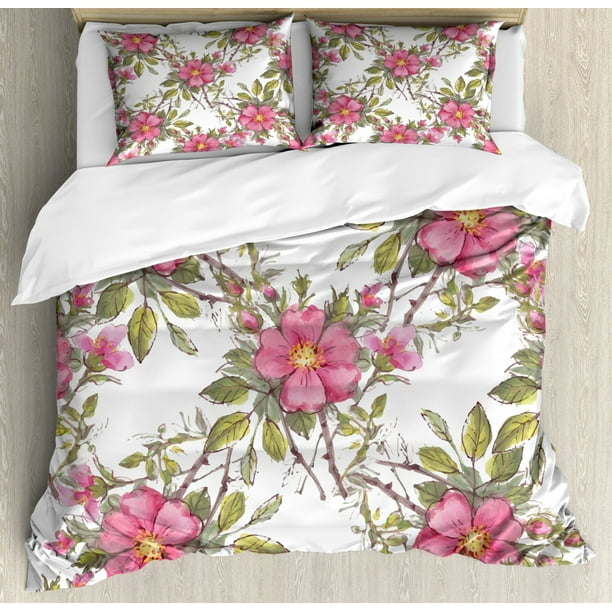 Flower Duvet Cover Set, Watercolor Dog Rose Garden Pattern ...