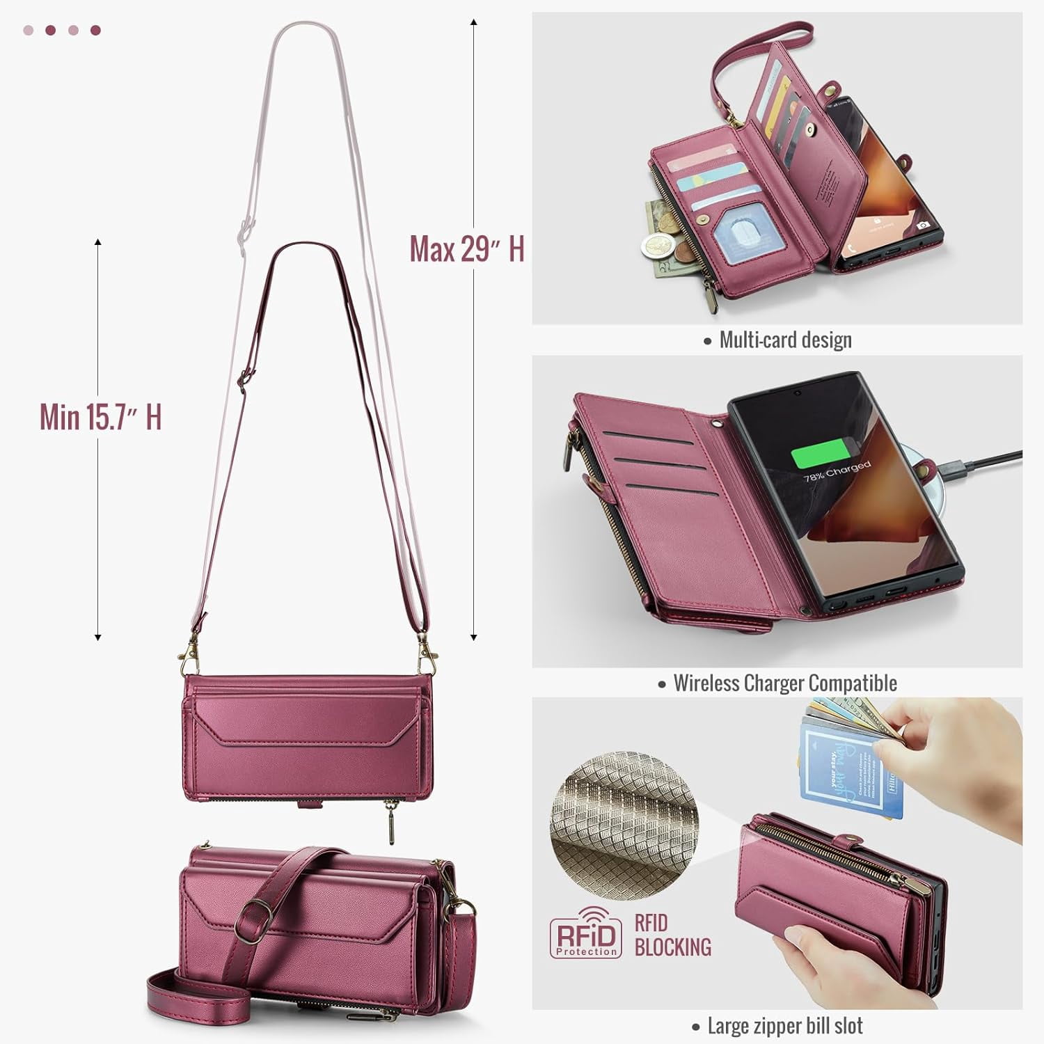 Phone Case for Samsung Galaxy Note 20 Ultra 5G Zipper Wallet Cover with Screen Protector and Flip RFID Blocking Card Holder Cell Note20 Plus Notes 20Ultra Note20+ U + 20+ Twenty Not S20 Women Wine Red