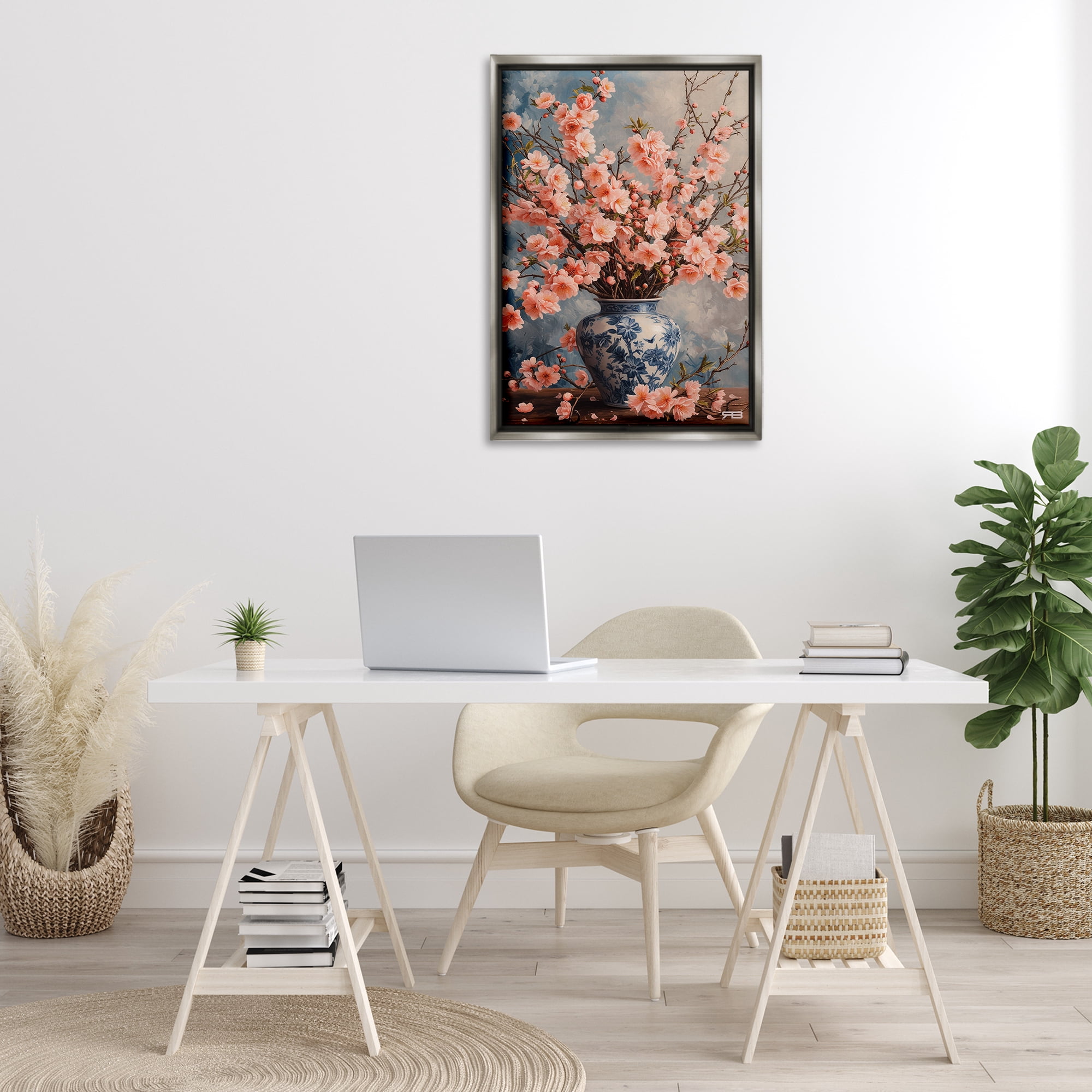Stupell Industries Detailed Cherry Blossom Vase Botanical & Floral Painting Gray Floater Framed Art Print Wall Art, 21 x 31