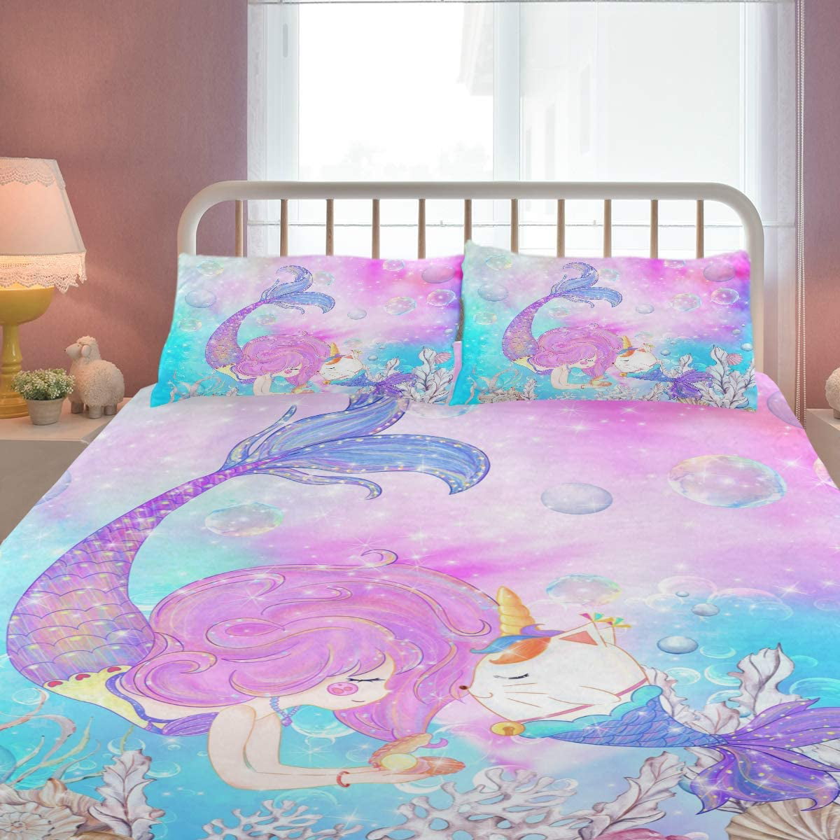 ZOEO - ZOEO Girls Mermaid Twin Bedding Set Pink Blue Unicorn Magic Cat ...