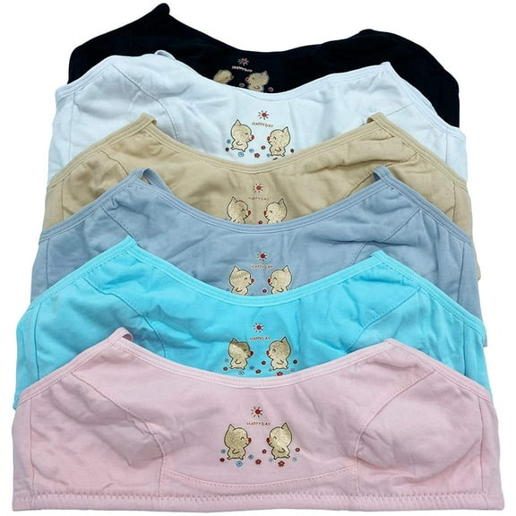 6 Pieces Wire Free No Padding Teenager Girl Cotton Junior Training Bra A Cup (32A, 58012)