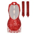 thumbnail image 4 of iiniim Women's Sequins Salsa Tango Jazz Dance Bodysuit with Gloves Tassels Ballroom Leotard Jumpsuit Red M, 4 of 7