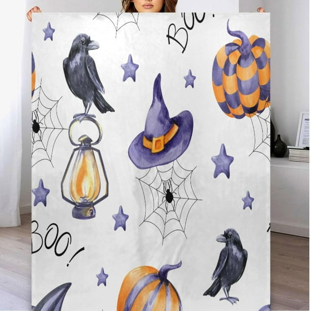 Manta para sofá cama de 60 x 90 pulgadas, decoración de Halloween morada, mantas de franela suaves y acogedoras, mantas de forro polar con sombrero de bruja, calabazas, mantas y mantas decorativas