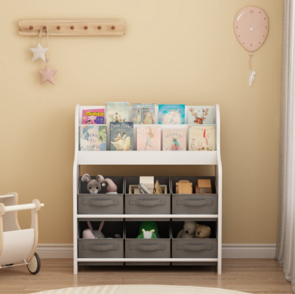 Kids Bookshelf with 6 Fabric Storage Bins, 3-Tier Front-Facing Bookcase & Toy Organizer, Children's Book Display Shelf for Playroom, Nursery & Bedroom