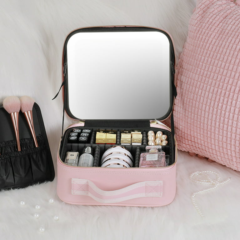Makeup Bag with Mirror of LED Lighted,Travel Makeup Train Case Cosmetic Bag  Organizer with Adjustable Dividers,Makeup Case with Mirror and Detachable  10x Magnifying Mirror by WJFORLION 