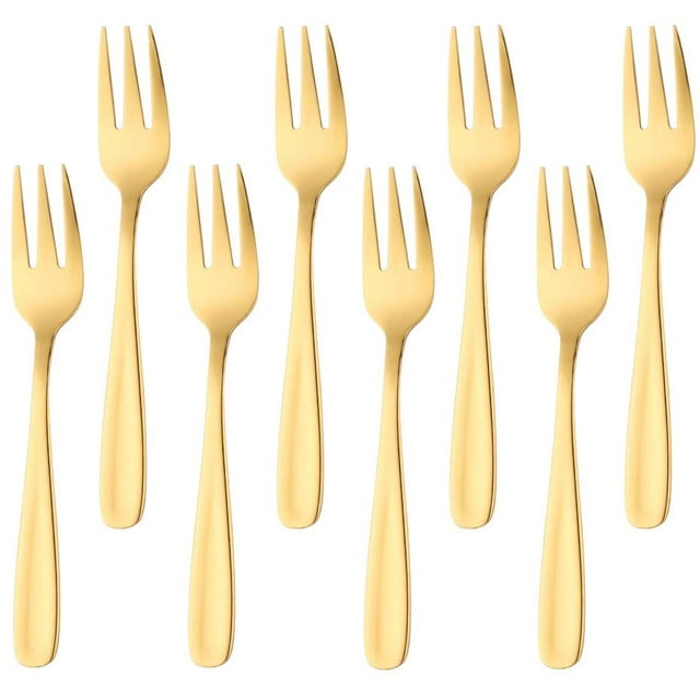 Tenedor de pastel de acero inoxidable 18/10, tenedor de fruta de 3 puntas, juego de tenedores de oro de 8 piezas, esmalte de espejo ideal para el postre de la fiesta de bodas Adepaton LL-1772-1