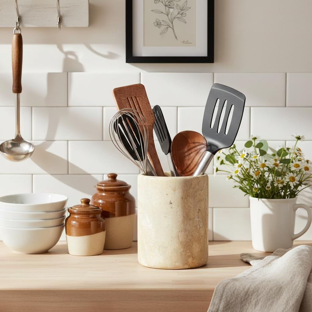 Radicaln Travertine Marble Utensil Holder 6.5" Beige Handmade Kitchen Utensil Organizer – Elegant Cooking Utensil Holder and Spoon Holder for Countertop, Durable Utensil Caddy & Modern Kitchen Décor