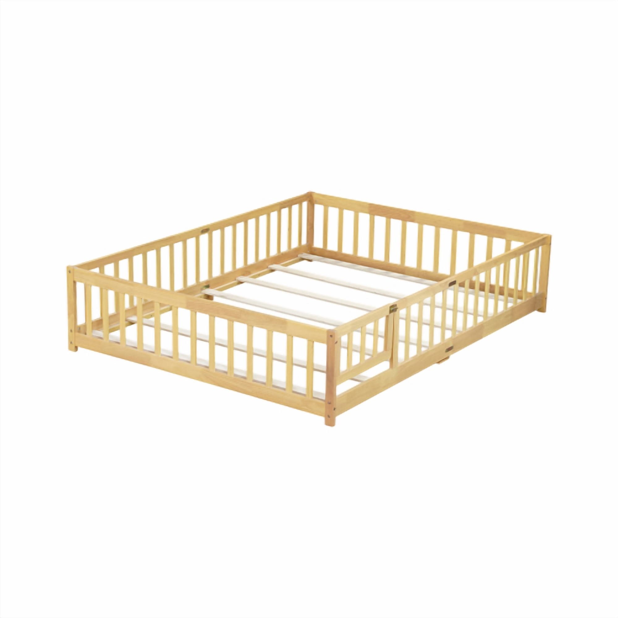 HOCOMILA Queen Size Floor Bed with Fence, Montessori Floor Bed with Slats and Safety Guardrails, Wood Queen Floor Bed, Natural