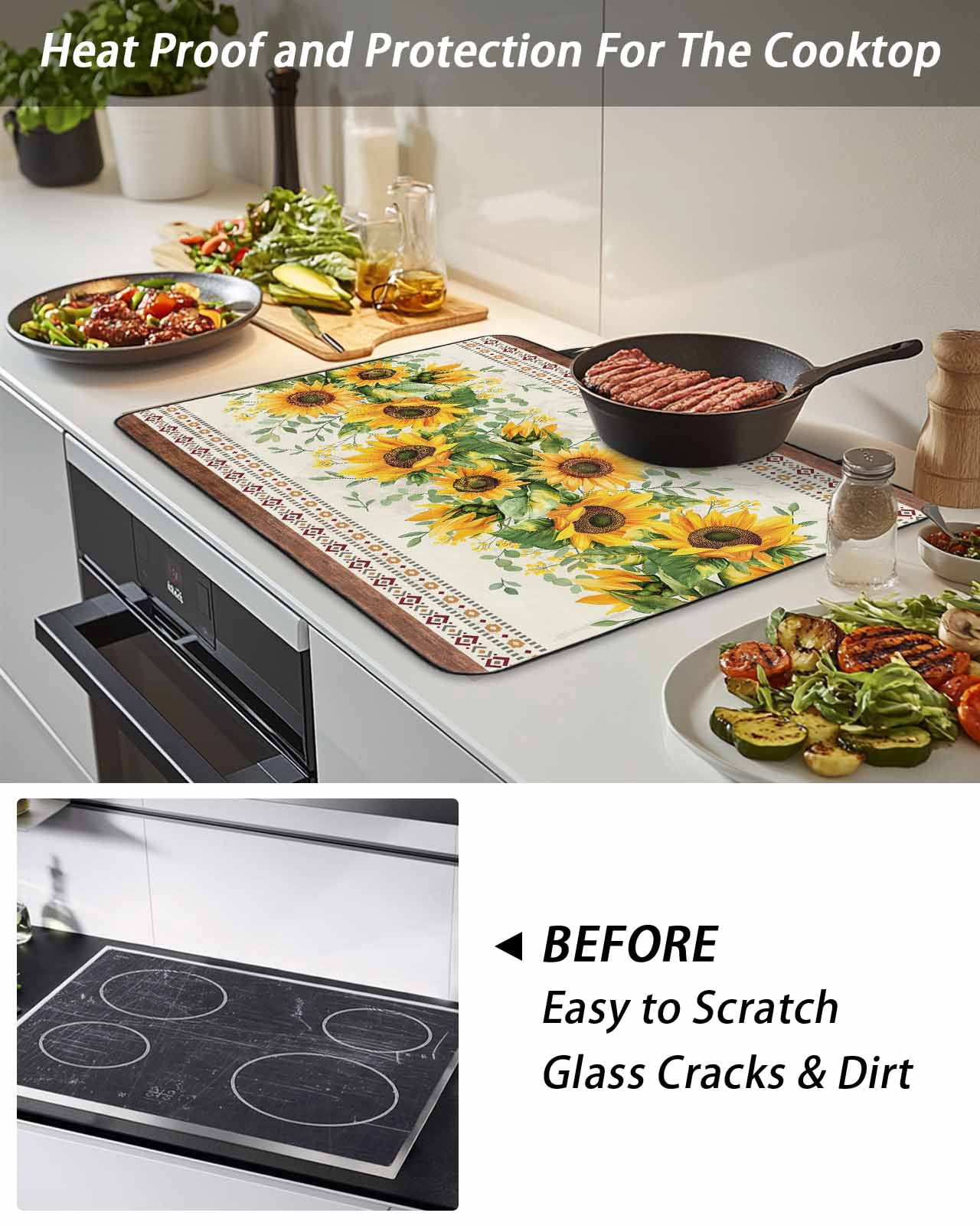 Stove Top Covers for Electric Stove, Sunflower Brown Glass Stovetop Cover Protector, Retro Southwest Country Plant Leaf Floral Induction Cooktop Protector Oven Mat for Kitchen Countertop 24"x21"