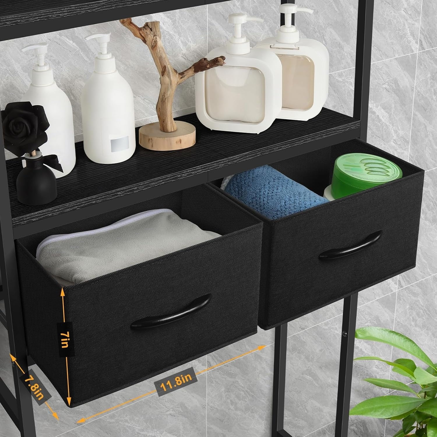 3-Tier Over Toilet Shelf with Storage Baskets,Over The Toilet Storage Cabinet, 3-Tier Bathroom Organizer with Fabric Drawers & Hooks, Freestanding Shelf for Bathroom and Laundry Room